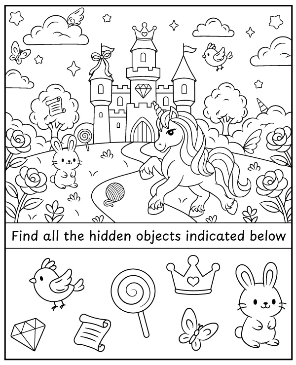 Find Hidden items in the unicorn and a castle coloring page - activity for children