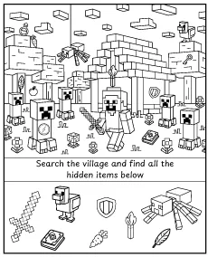 Find Hidden items in the Minecraft village -activity for children printable