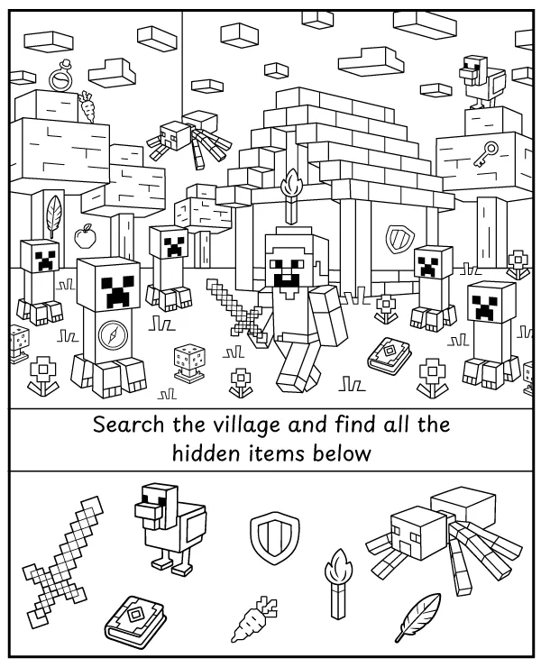Find Hidden items in the Minecraft village -activity for children