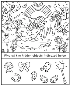 Hidden items - unicorn coloring page activity for children printable
