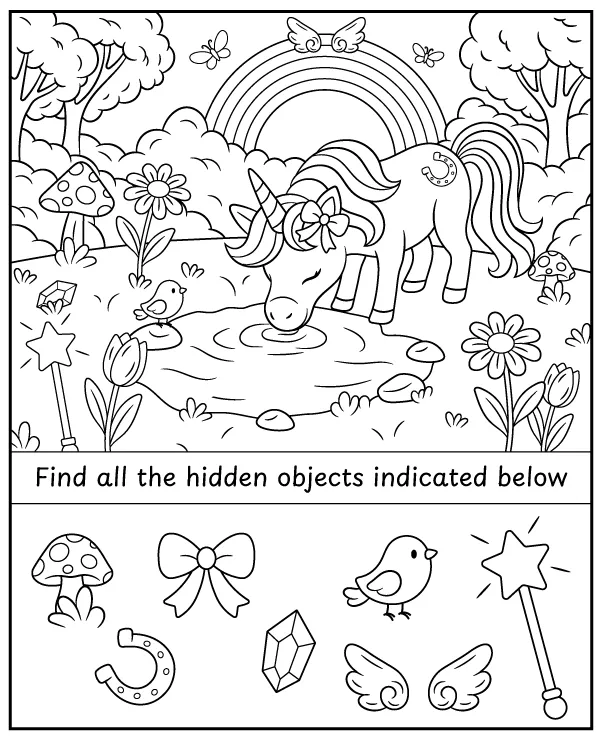 Hidden items - unicorn coloring page activity for children