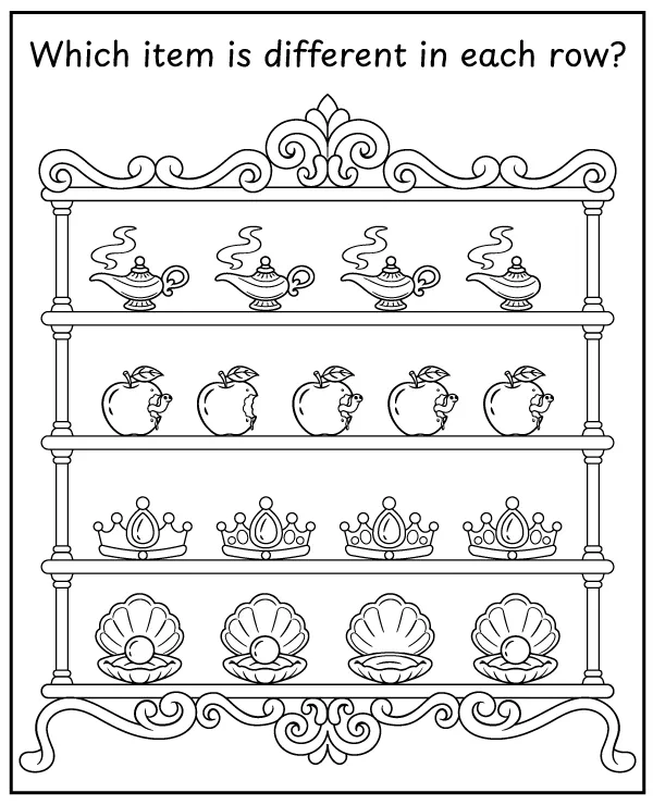 Which princess item is different - observation training worksheet for children