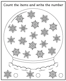 Count snowflakes and color the picture - worksheet for children mobile