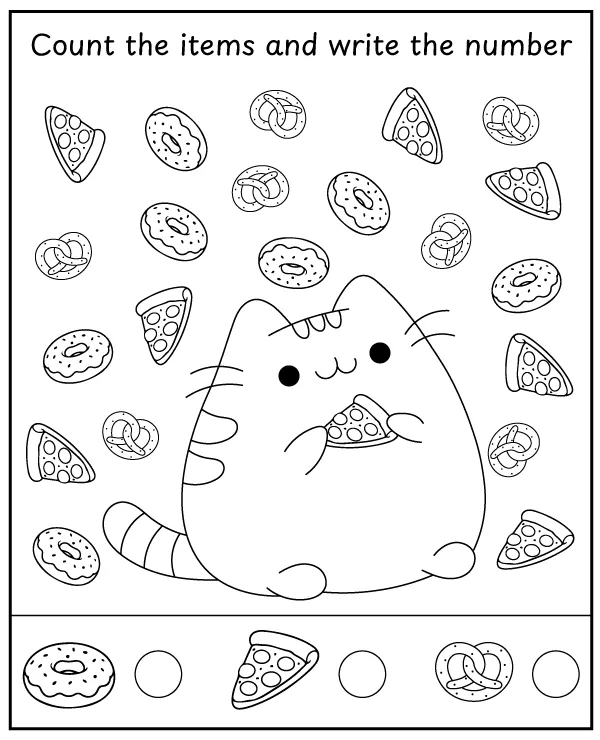 Count the Pusheen items and color the picture - worksheet for children