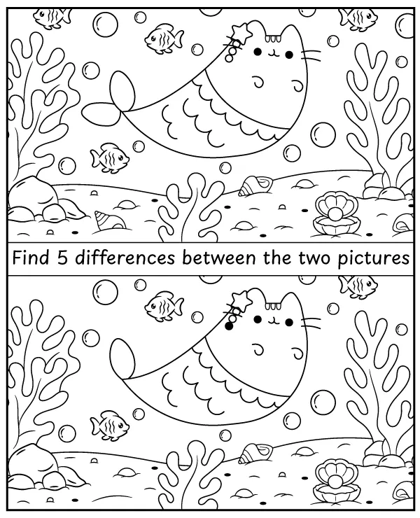 Spot 5 differences - Pusheen mermaid activity for children