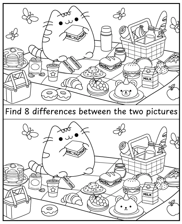 Spot 8 differences - Pusheen worksheet for children