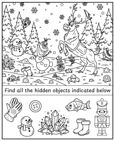 Find hidden items - Frozen Olaf and Sven coloring page activity for children mobile