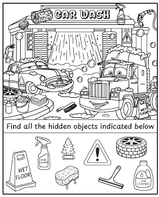 Find the hidden items in the Cars car wash coloring page mini