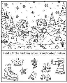 Find hidden items - Frozen Elsa and Anna coloring page activity for children mobile
