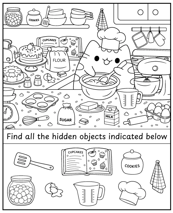 Find the hidden items - Pusheen in the kitchen coloring page