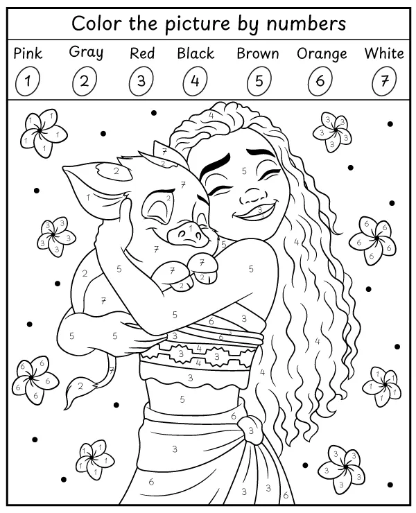 Moana color by number coloring page for kids