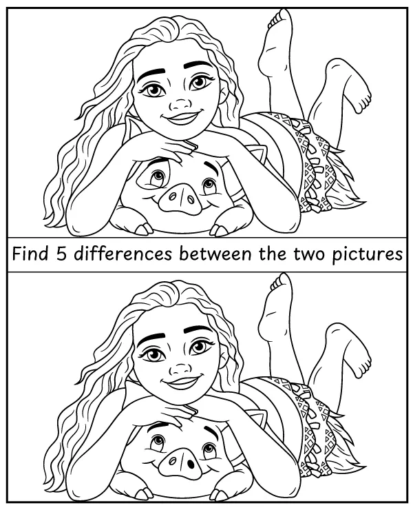 Spot the difference - Moana coloring activity for kids