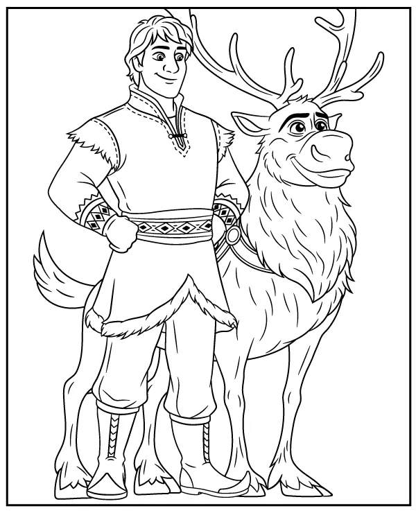 Frozen Kristoff and Sven coloring page for kids