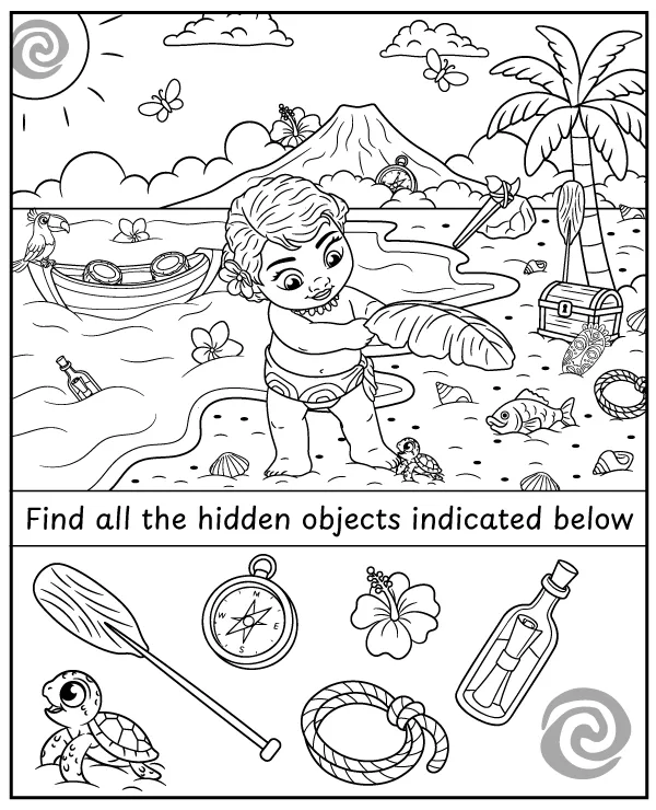 Find hidden objects - little Moana coloring activity for kids