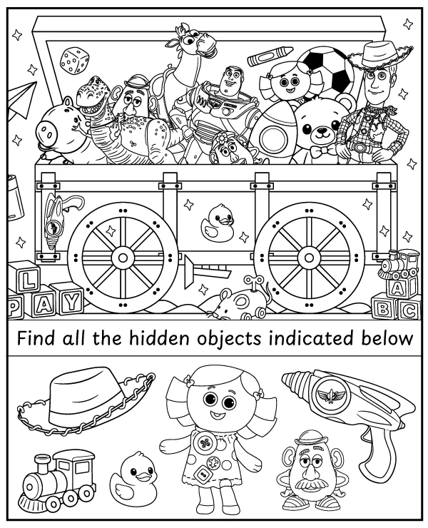 Find items hidden in the Toy Story coloring page