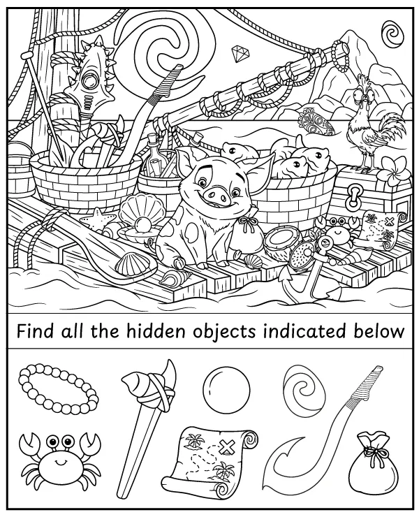 Find hidden objects - Moana coloring activity for kids