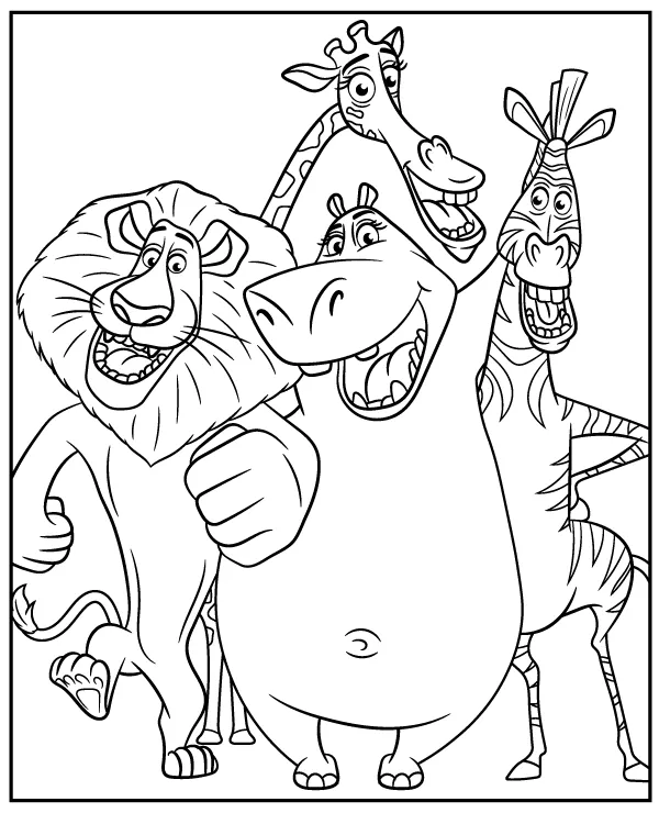 Alex, Melman, Marty and Gloria coloring page Madagascar