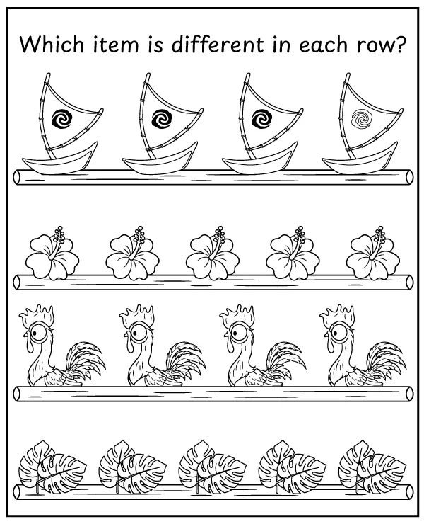 Find a different object in each row - printable Moana activity for kids