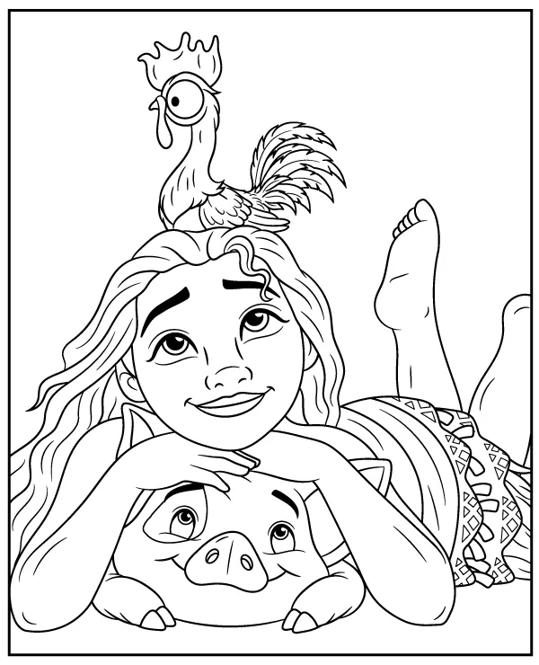 Moana, Pua and Heihei coloring page for kids