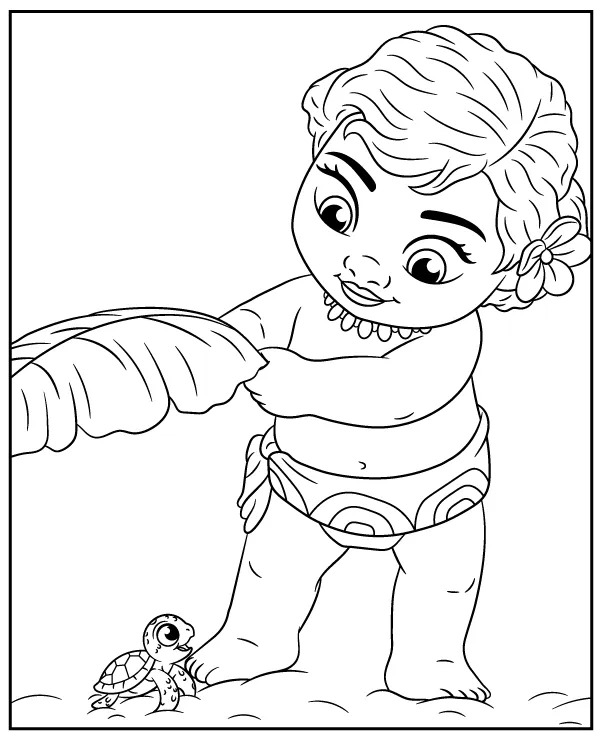 Little Moana wit a turtle coloring page
