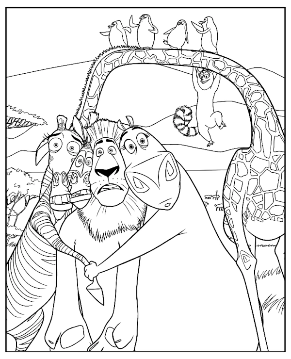 Scared Madagascar Characters Coloring Page