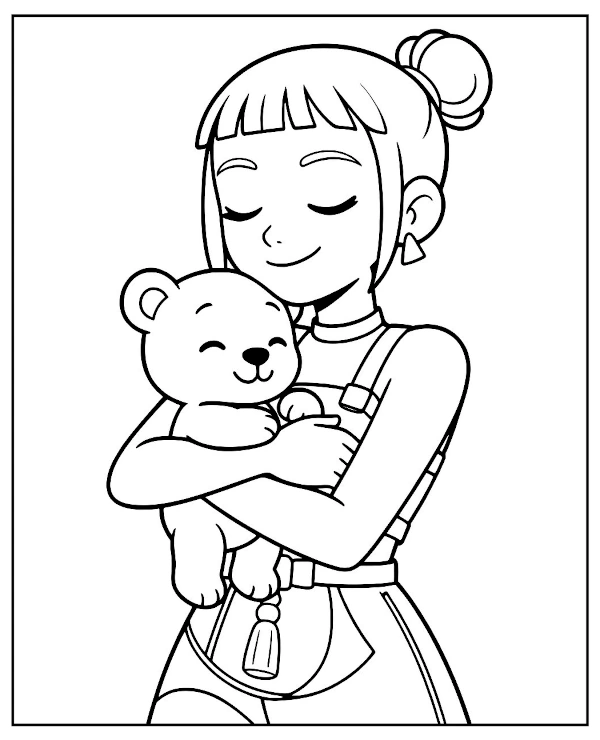 Zoey holds a Teddy Bear coloring page Kpop
