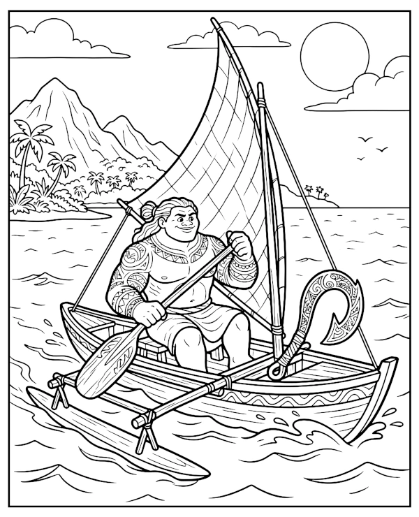 Maui on a boat coloring page