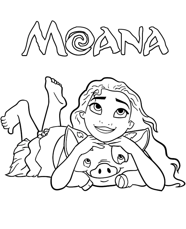 Relaxed Moana with Pua coloring page