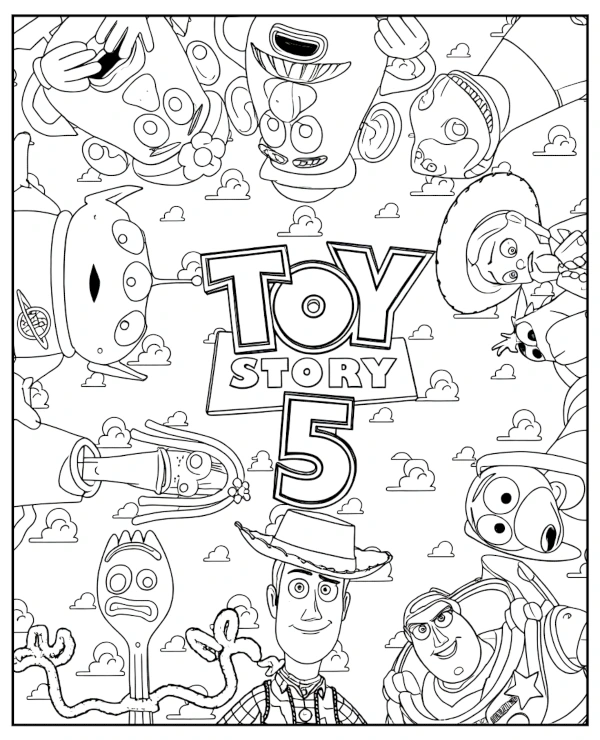 Toy Story 5 characters coloring sheet