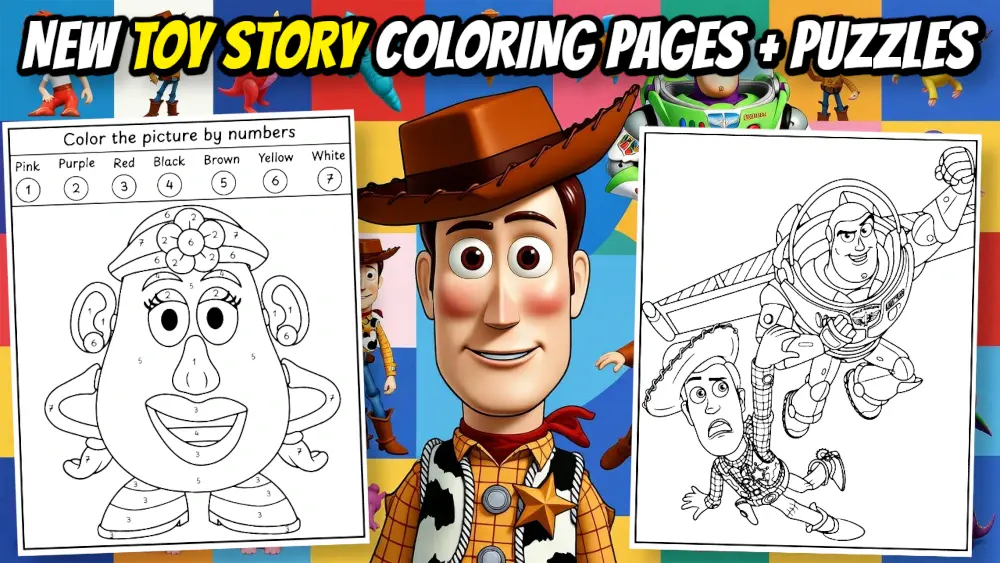 Coloring pages in anticipation of Toy Story 5 banner