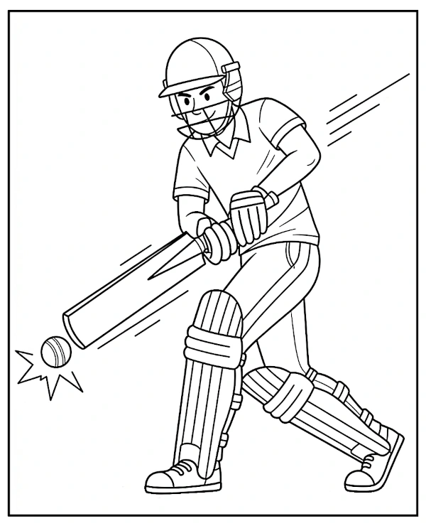 Coloring page cricket player hits the ball