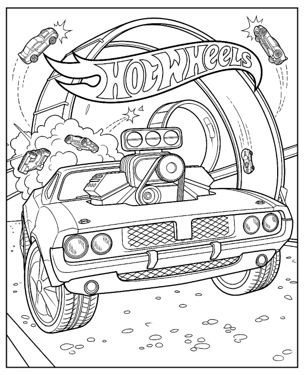 Hot Wheels car and loop coloring page