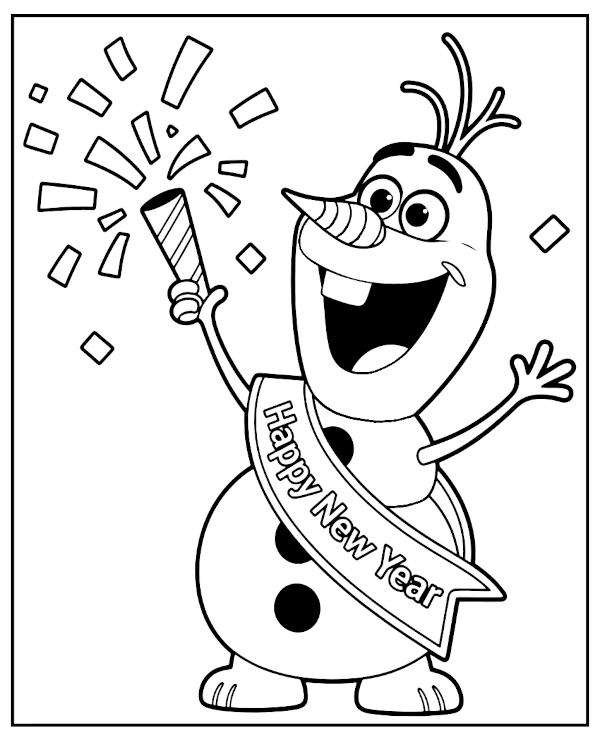 Snowman Olaf celbrates New Year coloring page