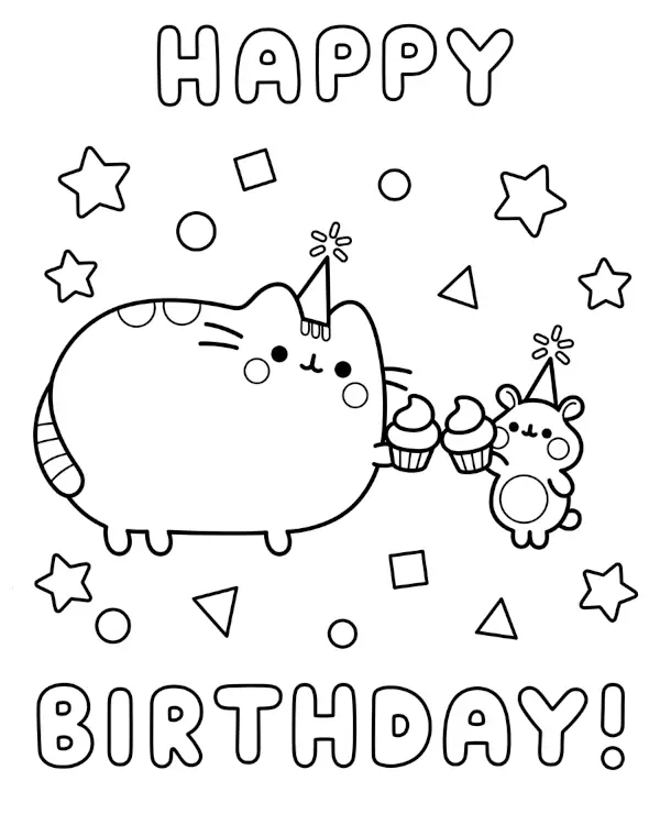 Pusheen and Cheek Happy Birthday coloring page