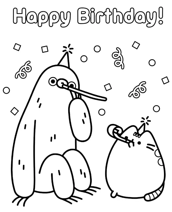 Pusheen and a sloth Happy Birthday coloring page