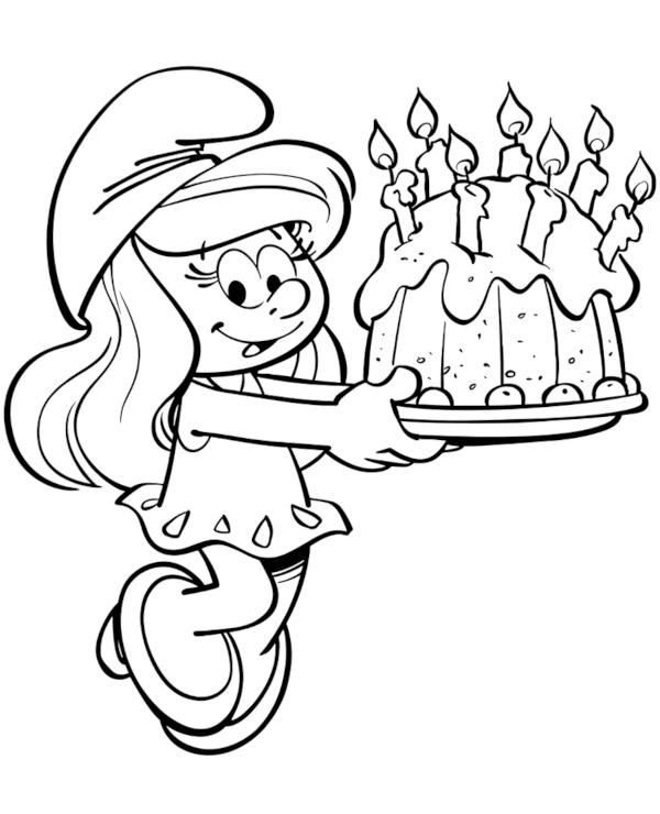 Smurfette with a Birthday Cake Coloring Page for Children