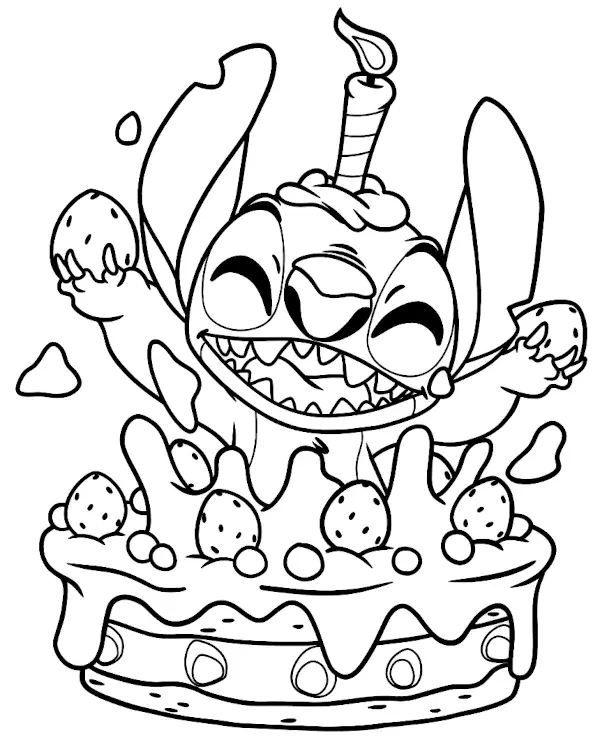 Stitch in a Birthday Cake Coloring Page for Children