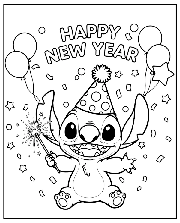 Stitch celebrates New Year coloring page for kids