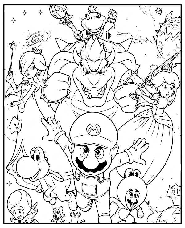 Super Mario Galaxy characters coloring page