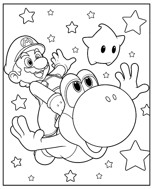 Super Mario Galaxy coloring page Mario riding Yoshi