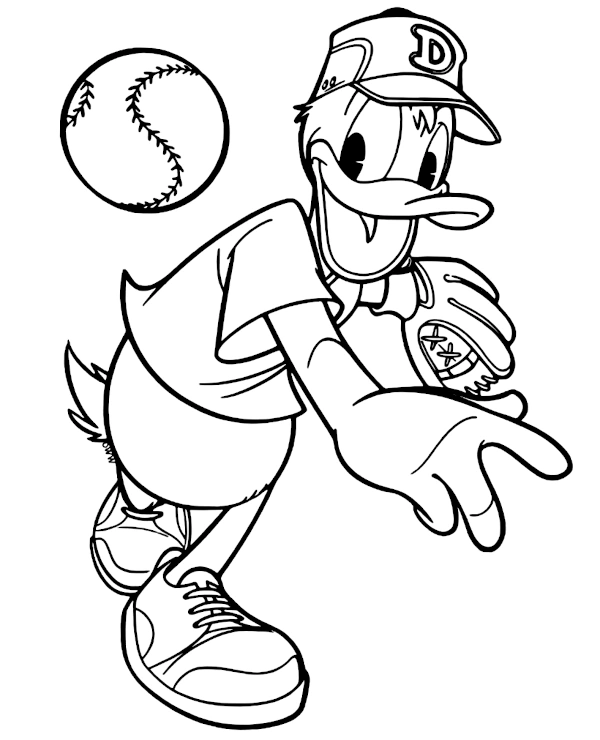 Donald Duck plays baseball coloring page